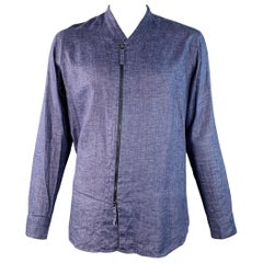 GIORGIO ARMANI Size L Blue Woven Linen Collarless Double Zipper Long Sleeve Shirt (Chemise à manches longues sans col)