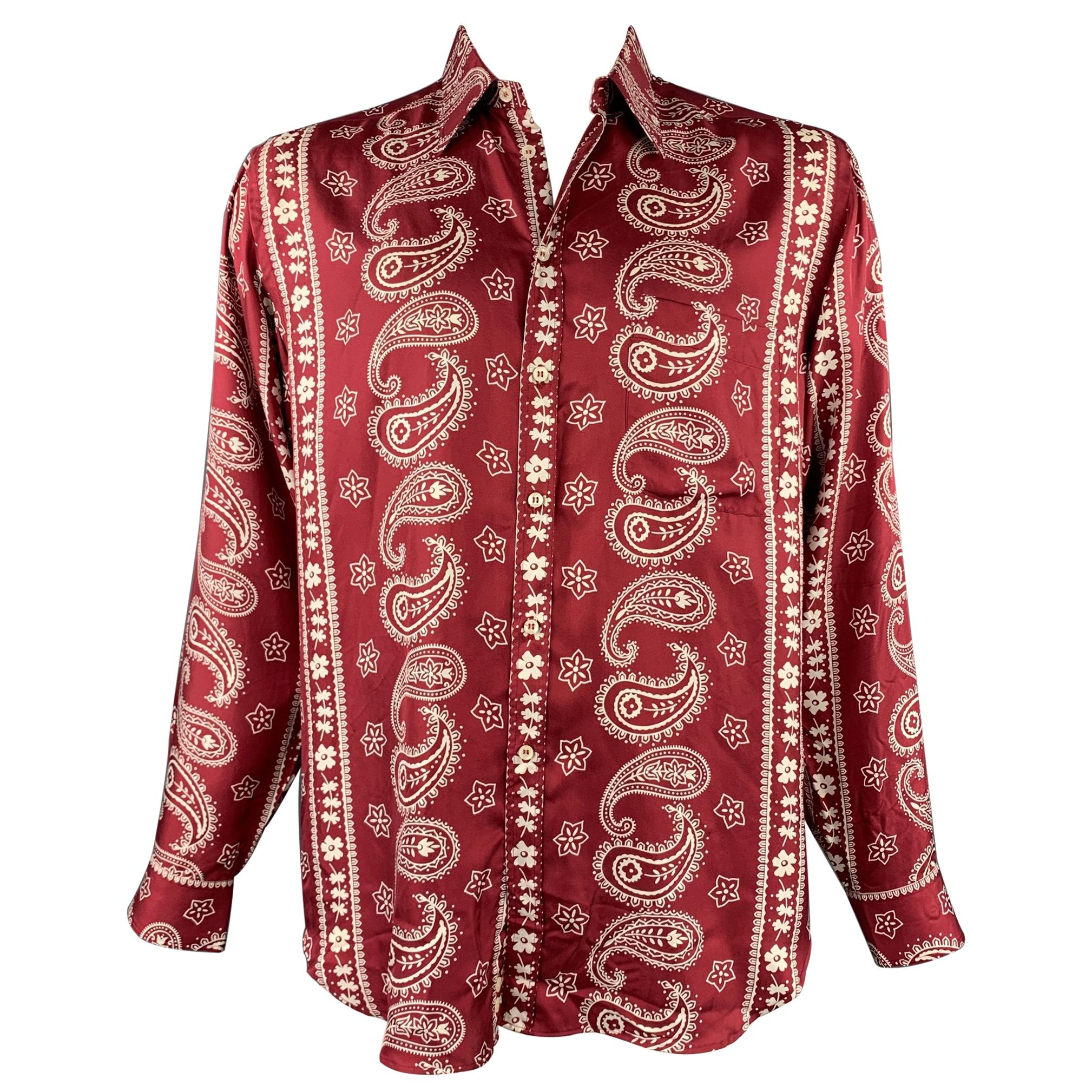 GIORGIO ARMANI Size L Burgundy & White Paisley Silk Button Up Long Sleeve Shirt
