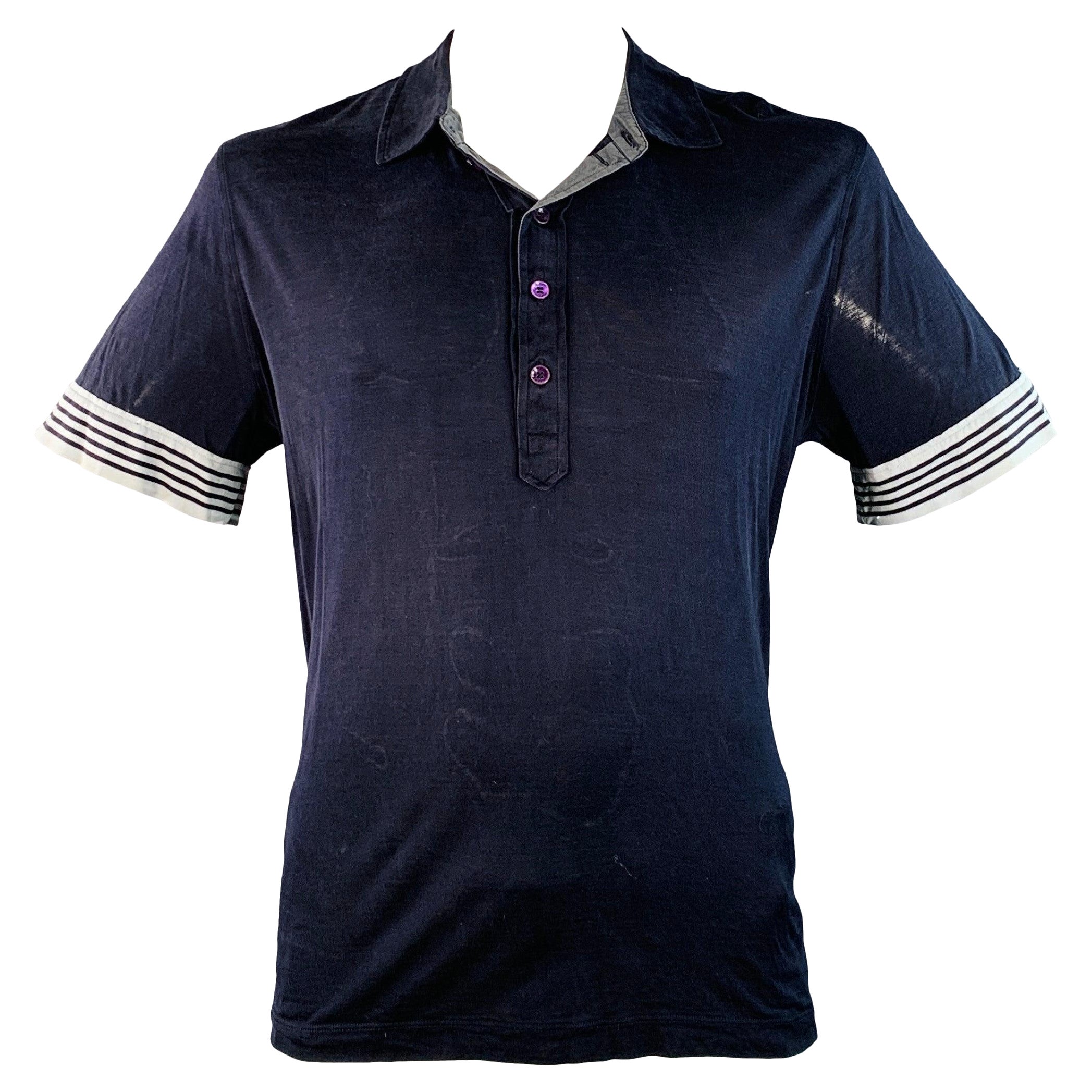 GIORGIO ARMANI Size L Navy Blue Contrast Trim Silk Blend Short Sleeve Polo