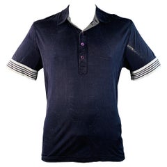 GIORGIO ARMANI Size L Navy Blue Contrast Trim Silk Blend Short Sleeve Polo