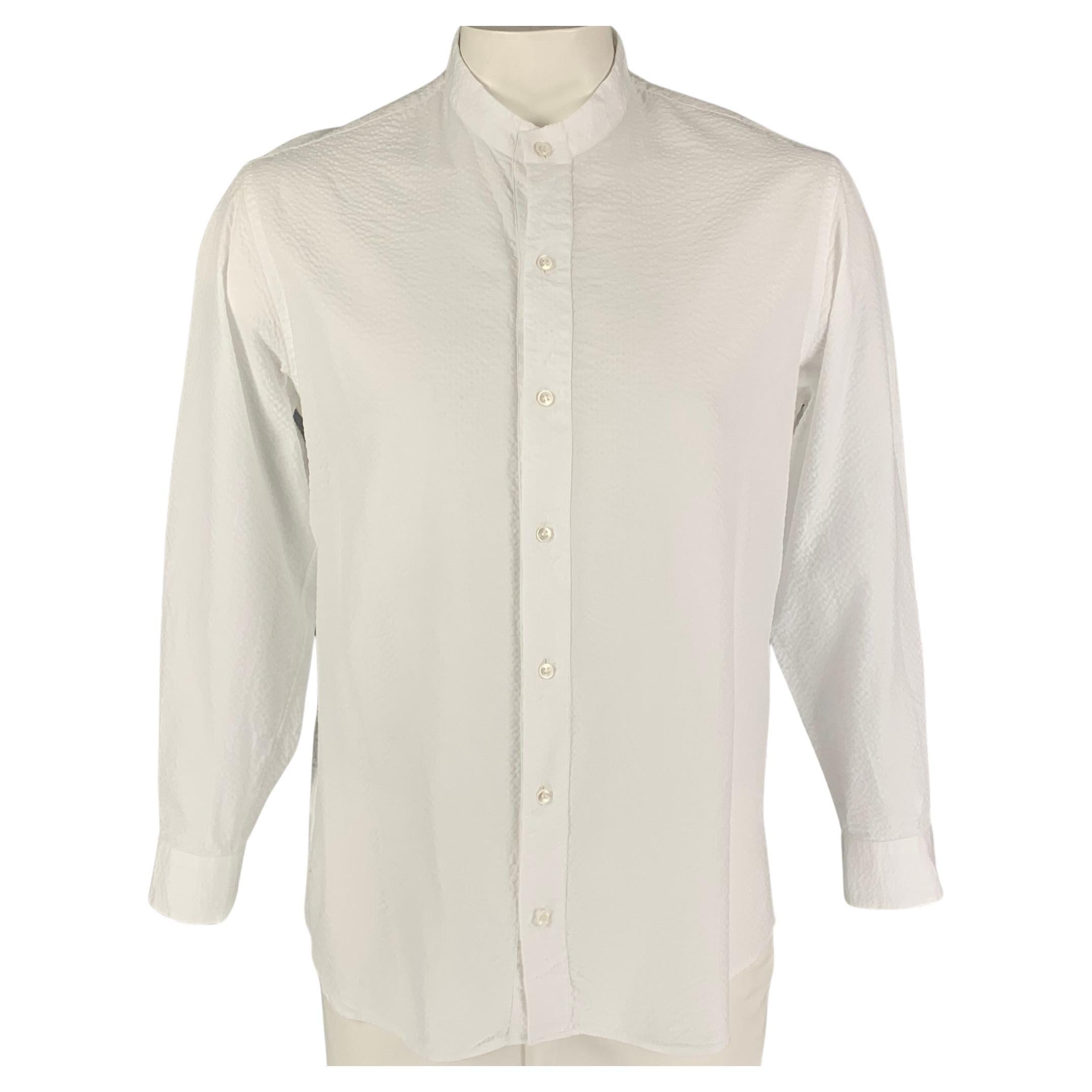 GIORGIO ARMANI Size L White Textured Cotton Nehru Collar Long Sleeve Shirt  For Sale at 1stDibs