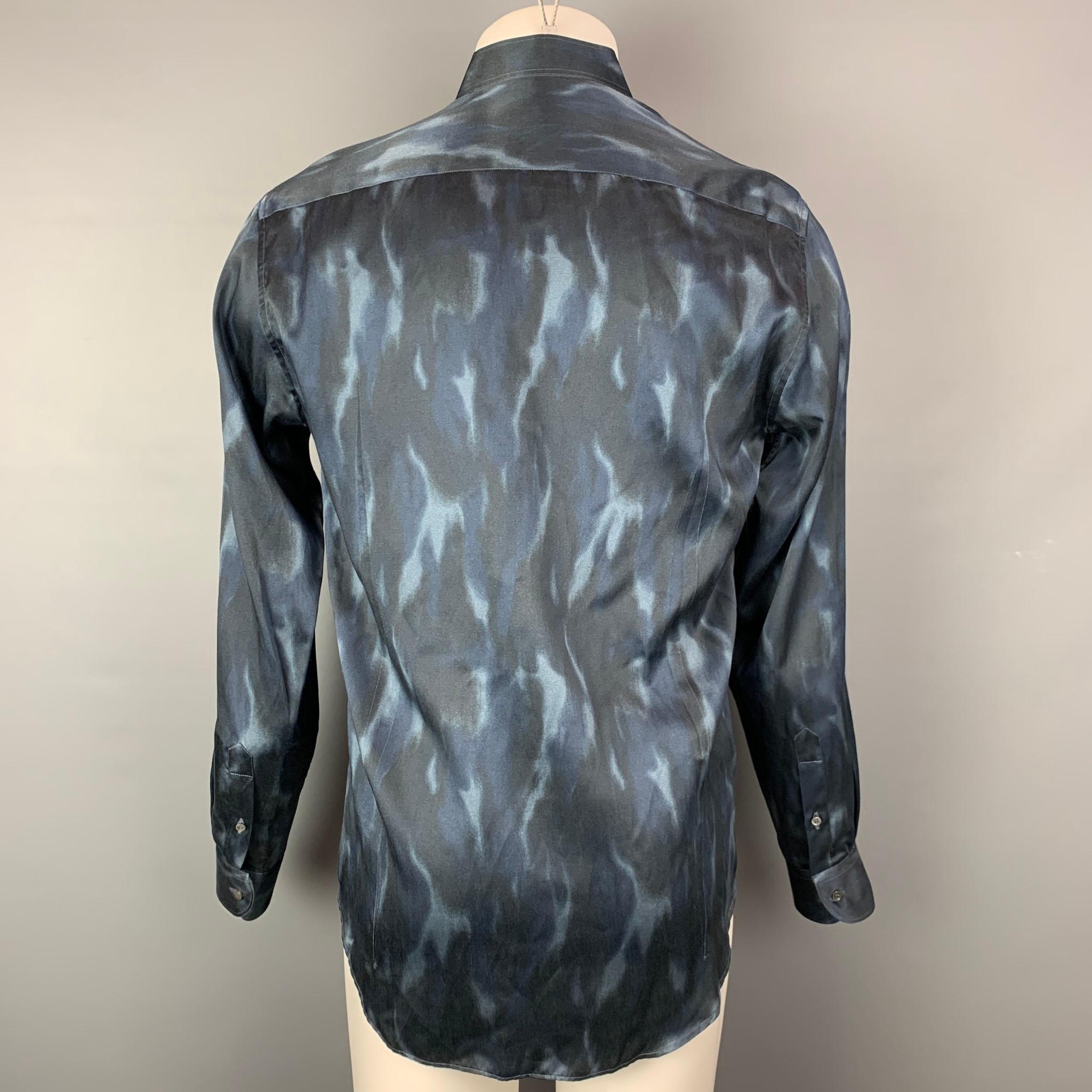 GIORGIO ARMANI Size M Black & Blue Print Silk / Cotton Long Sleeve Shirt In Good Condition In San Francisco, CA