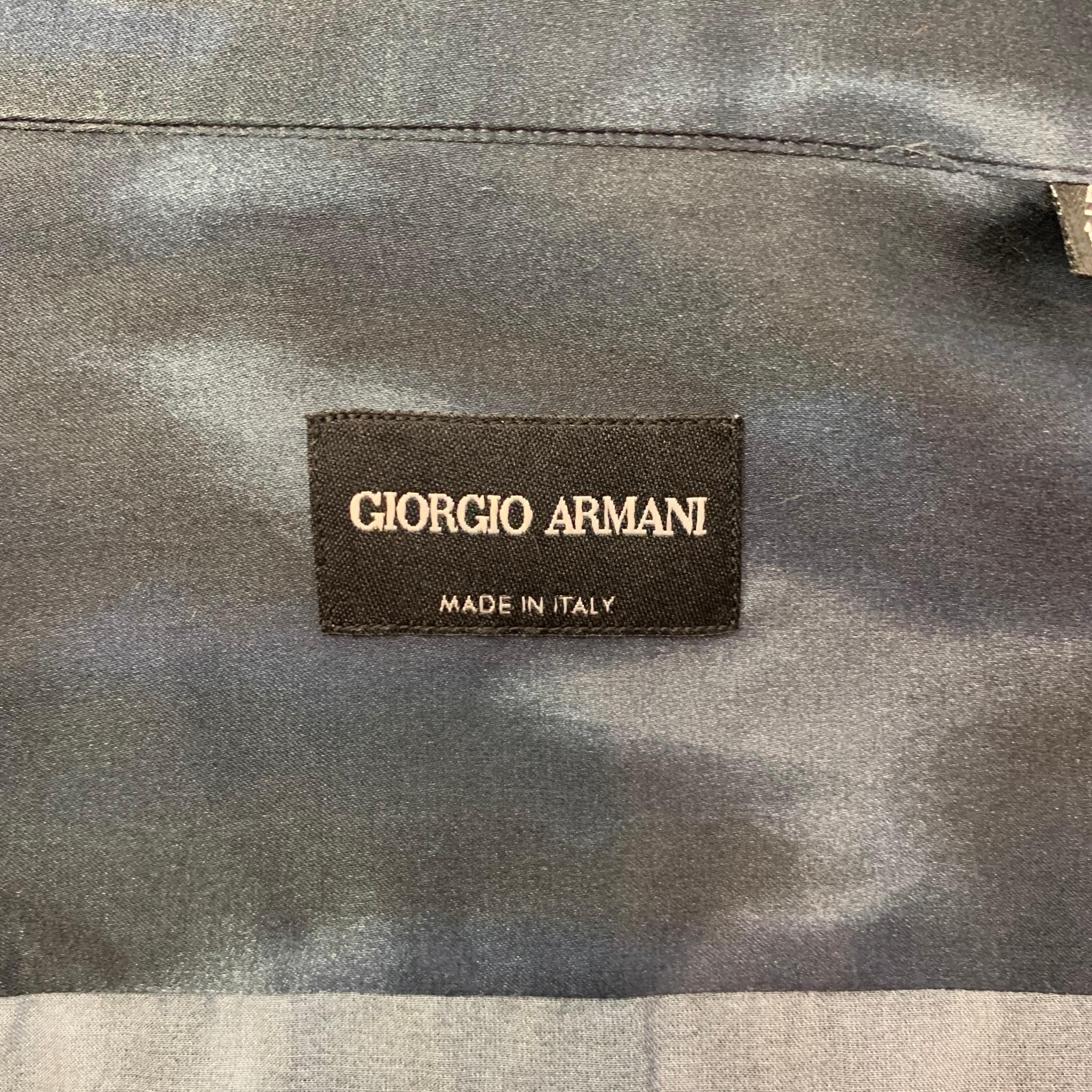 GIORGIO ARMANI Size M Black & Blue Print Silk / Cotton Long Sleeve Shirt 1