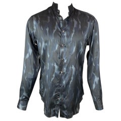 GIORGIO ARMANI Size M Black & Blue Print Silk / Cotton Long Sleeve Shirt