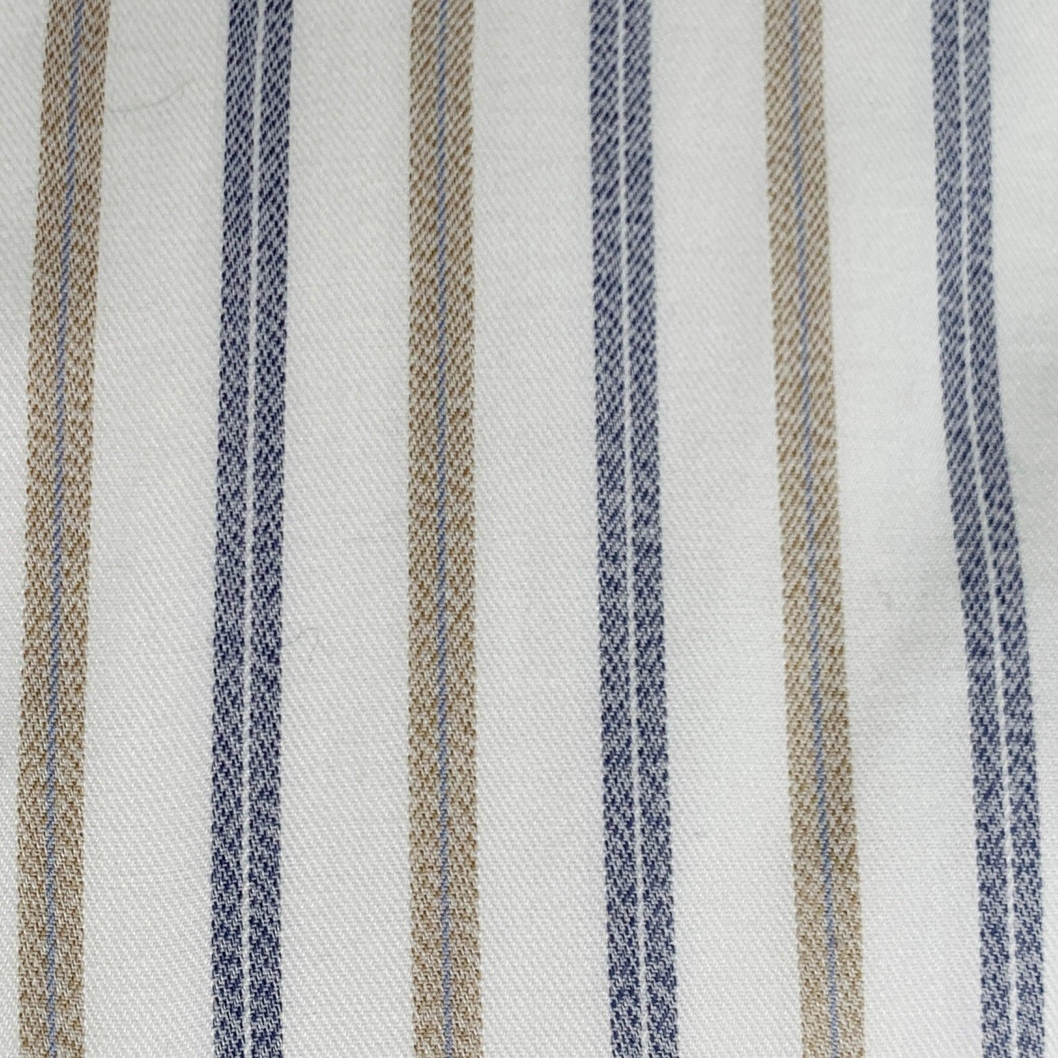 GIORGIO ARMANI long sleeve shirt
in an off white woven fabric (feels like cotton) featuring a blue and tan stripe pattern, one pocket, and button closure. Excellent Pre-Owned Condition. Fabric and care tags removed. 

Marked:   16 / 34/35
