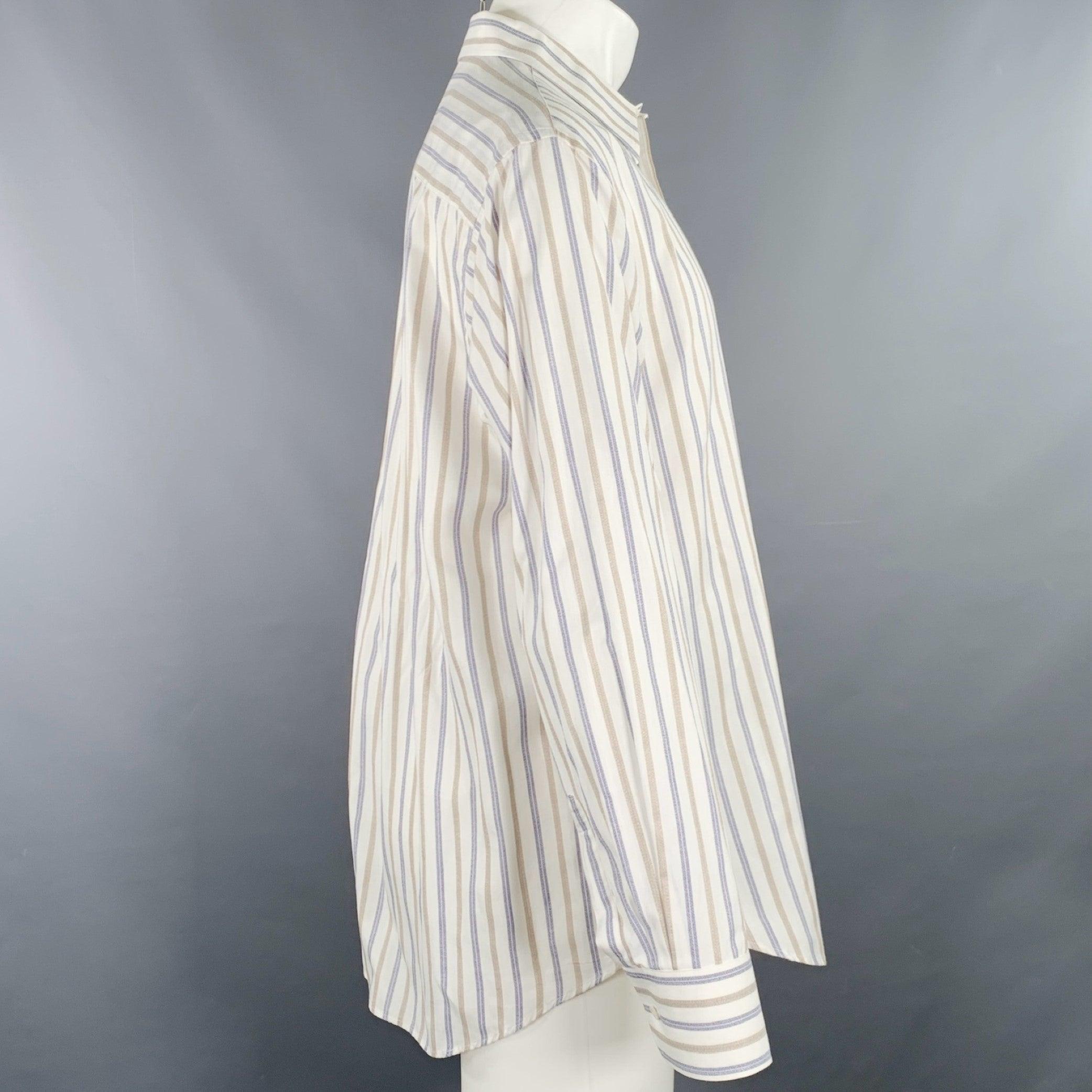 Gray GIORGIO ARMANI Size M Off White Blue Tan Stripe One Pocket Long Sleeve Shirt For Sale