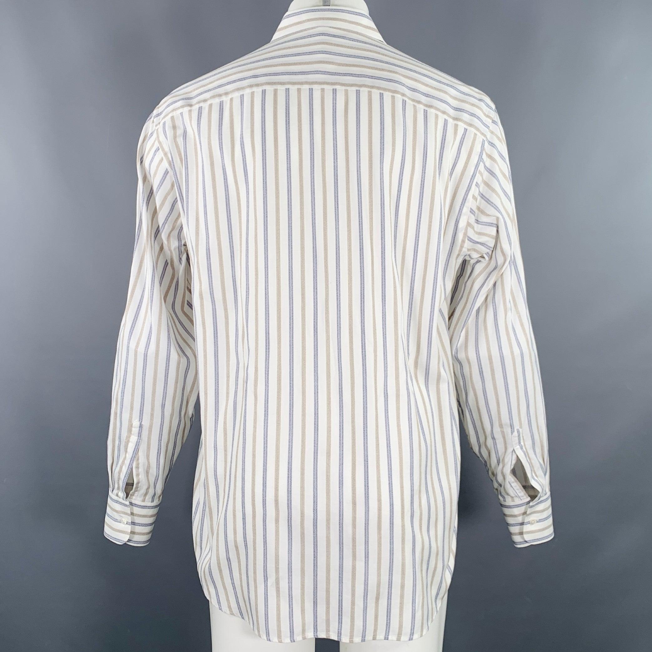 GIORGIO ARMANI Size M Off White Blue Tan Stripe One Pocket Long Sleeve Shirt In Excellent Condition For Sale In San Francisco, CA