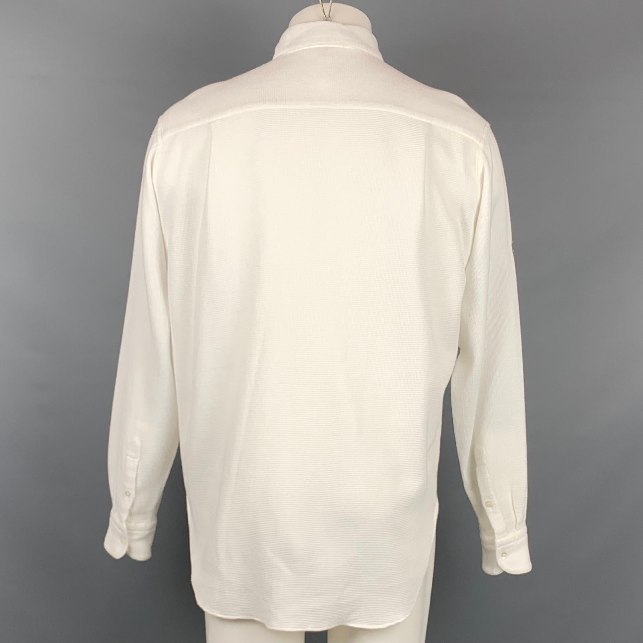 GIORGIO ARMANI Size M White Waffle Knit Cotton Button Down Long Sleeve Shirt In Good Condition In San Francisco, CA