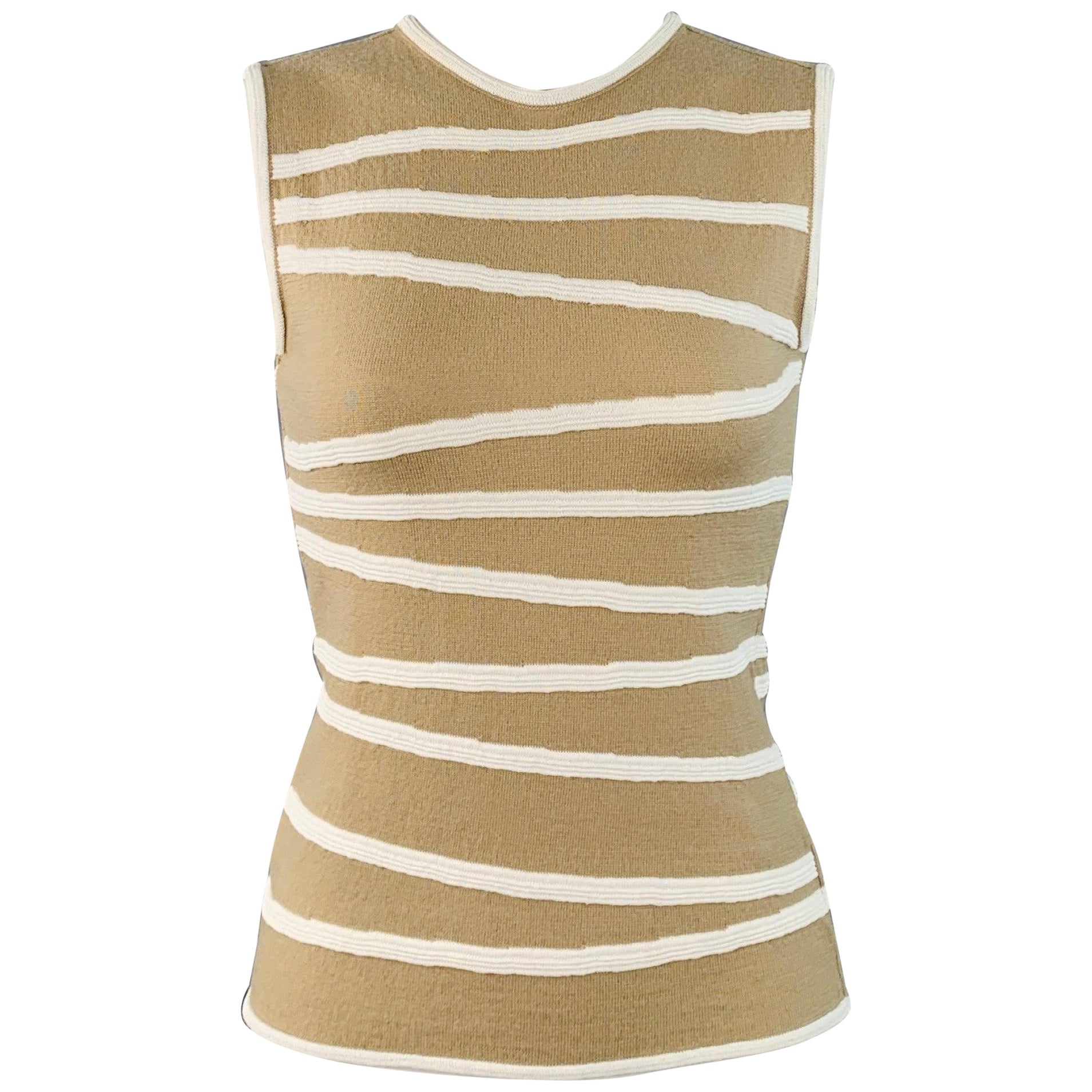 GIORGIO ARMANI Size S Beige White Merino Wool Blend Textured Stripe Sleeveless Casual Top For Sale