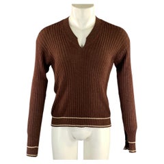 GIORGIO ARMANI Size S Brown White Rib Knit Cotton & Rayon V Neck Sweater