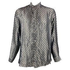 GIORGIO ARMANI Size XL Grey & Black Herringbone Silk Long Sleeve Shirt