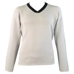 GIORGIO ARMANI Size XL Grey Contrast Trim Cashmere Silk V-Neck Sweater