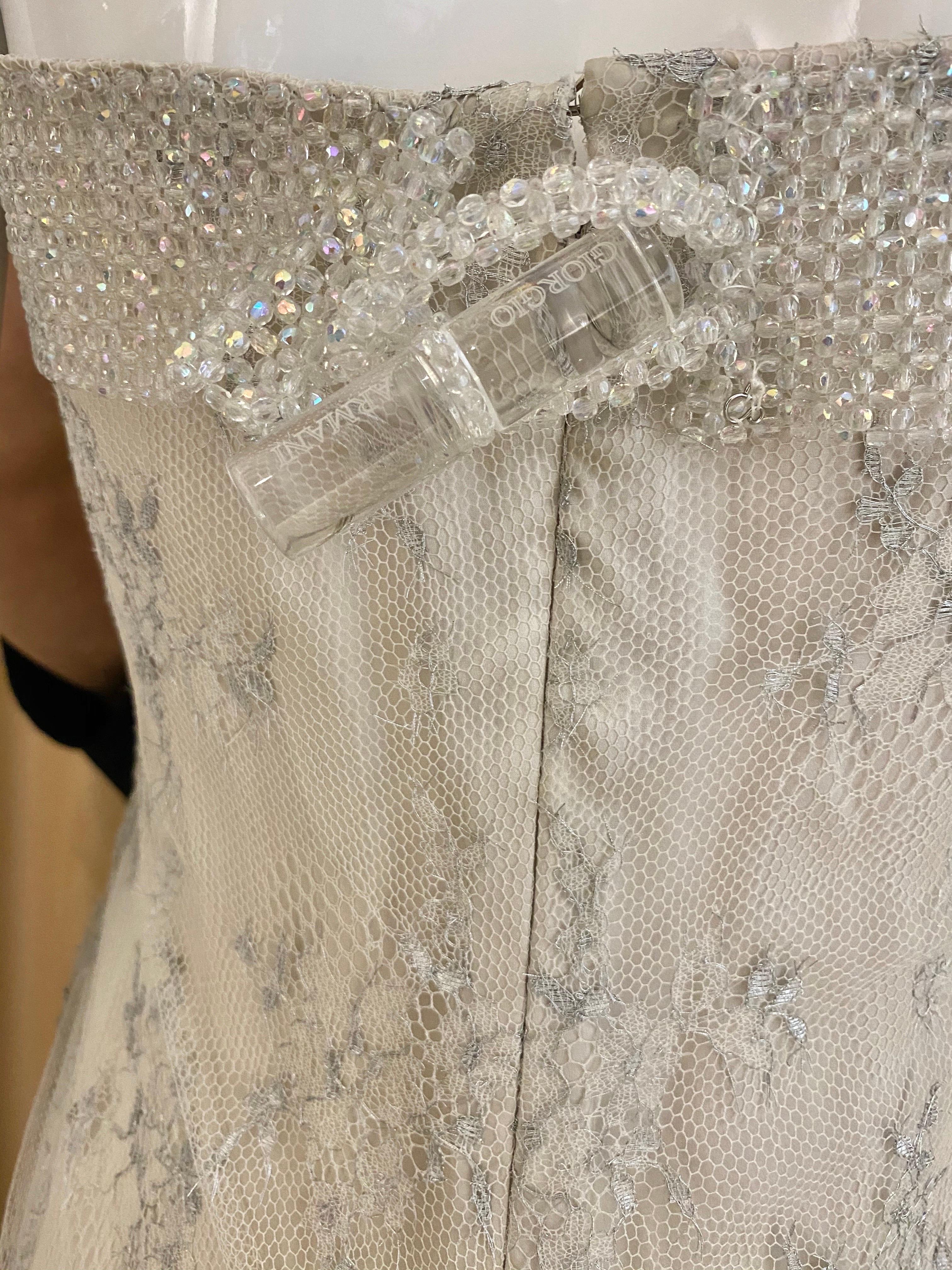 Giorgio Armani Strapless White and Silver Lace Gown For Sale 2