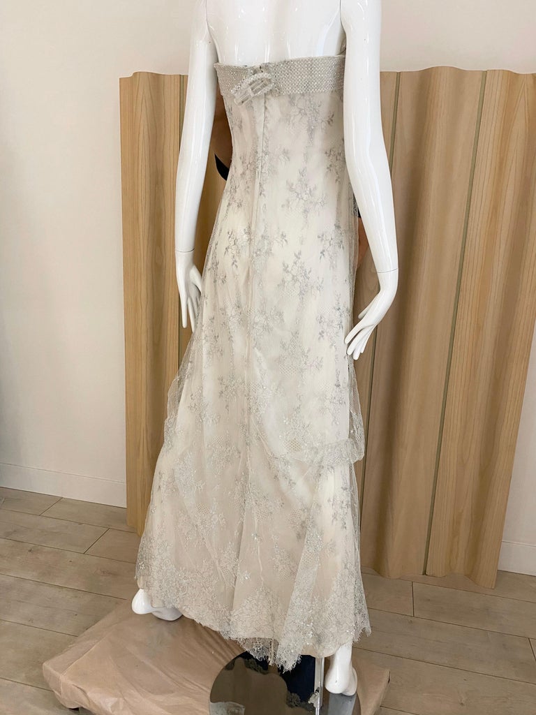 Beige Giorgio Armani Strapless White and Silver Lace Gown For Sale