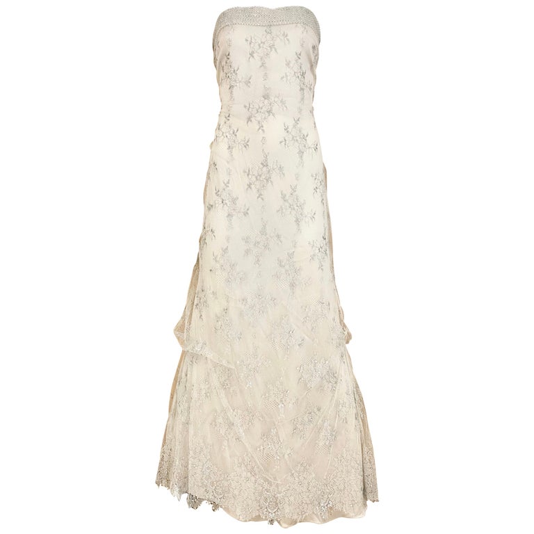Giorgio Armani Strapless White and Silver Lace Gown For Sale