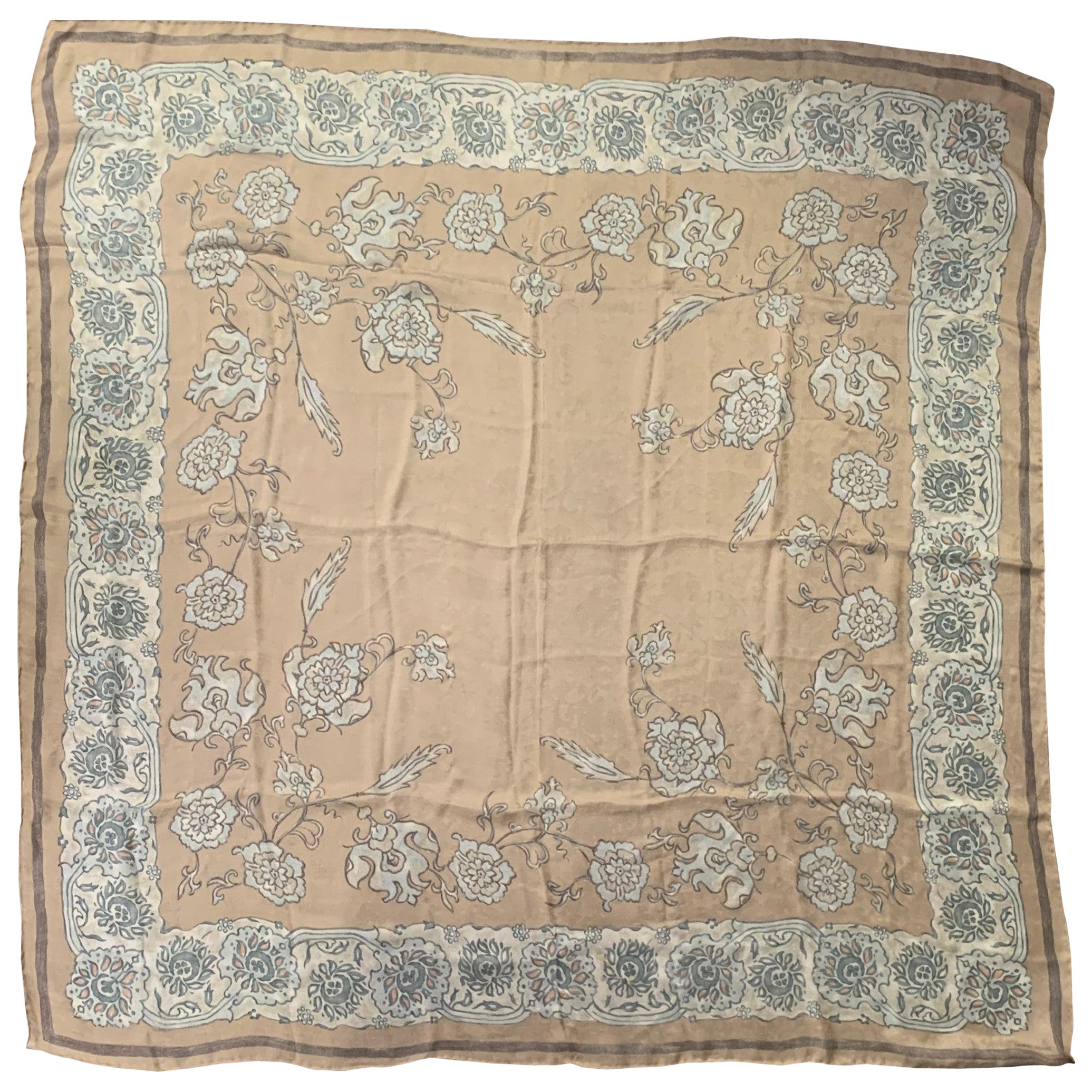 Giorgio Armani Tan Blue Floral Silk Scarf Shawl (écharpe en soie à fleurs)