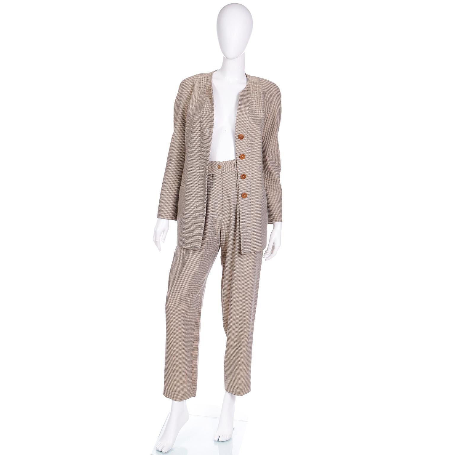 Women's Giorgio Armani Tan Check Wool Vintage 2pc Jacket and Trousers Suit
