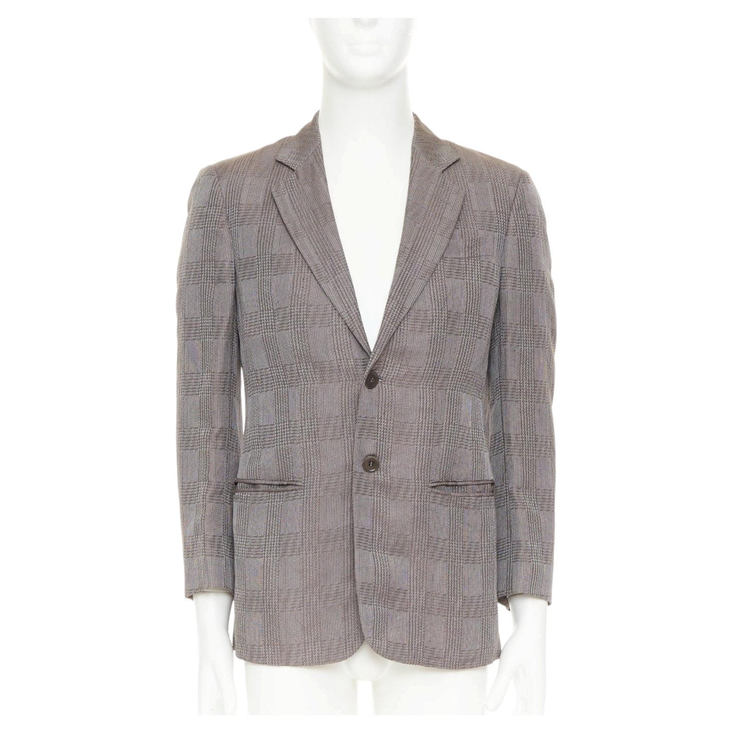 GIORGIO ARMANI taupe grey houndstooth plaid notched lapel blazer IT46 S