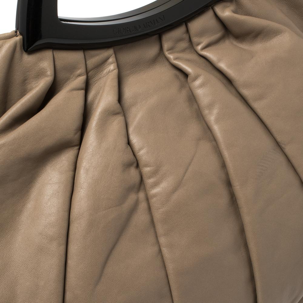 Giorgio Armani Taupe Leather Pleated Top Handle Bag For Sale 2