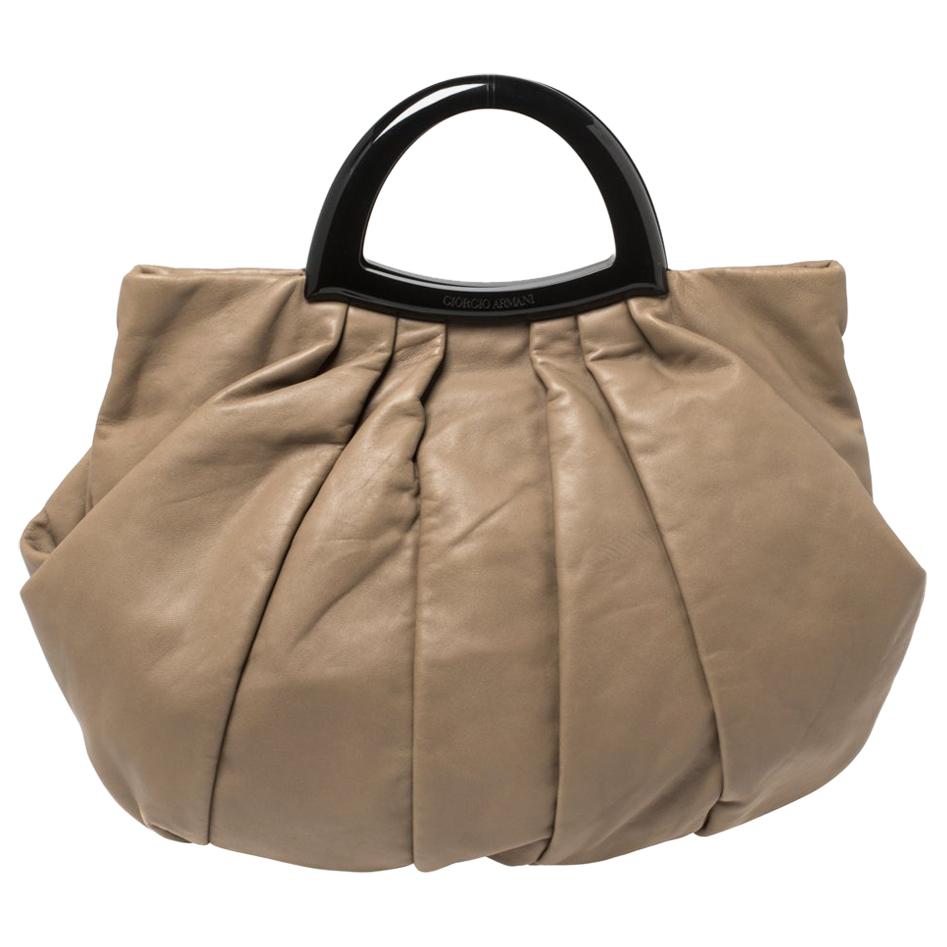 Giorgio Armani Taupe Leather Pleated Top Handle Bag For Sale