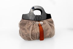 Giorgio Armani Taupe Tulle Evening Bag Rock Crystal Closure and Lucite Handles