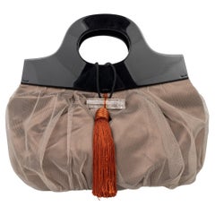 Giorgio Armani Taupe Tulle Evening Bag Rock Crystal Closure and Lucite Handles