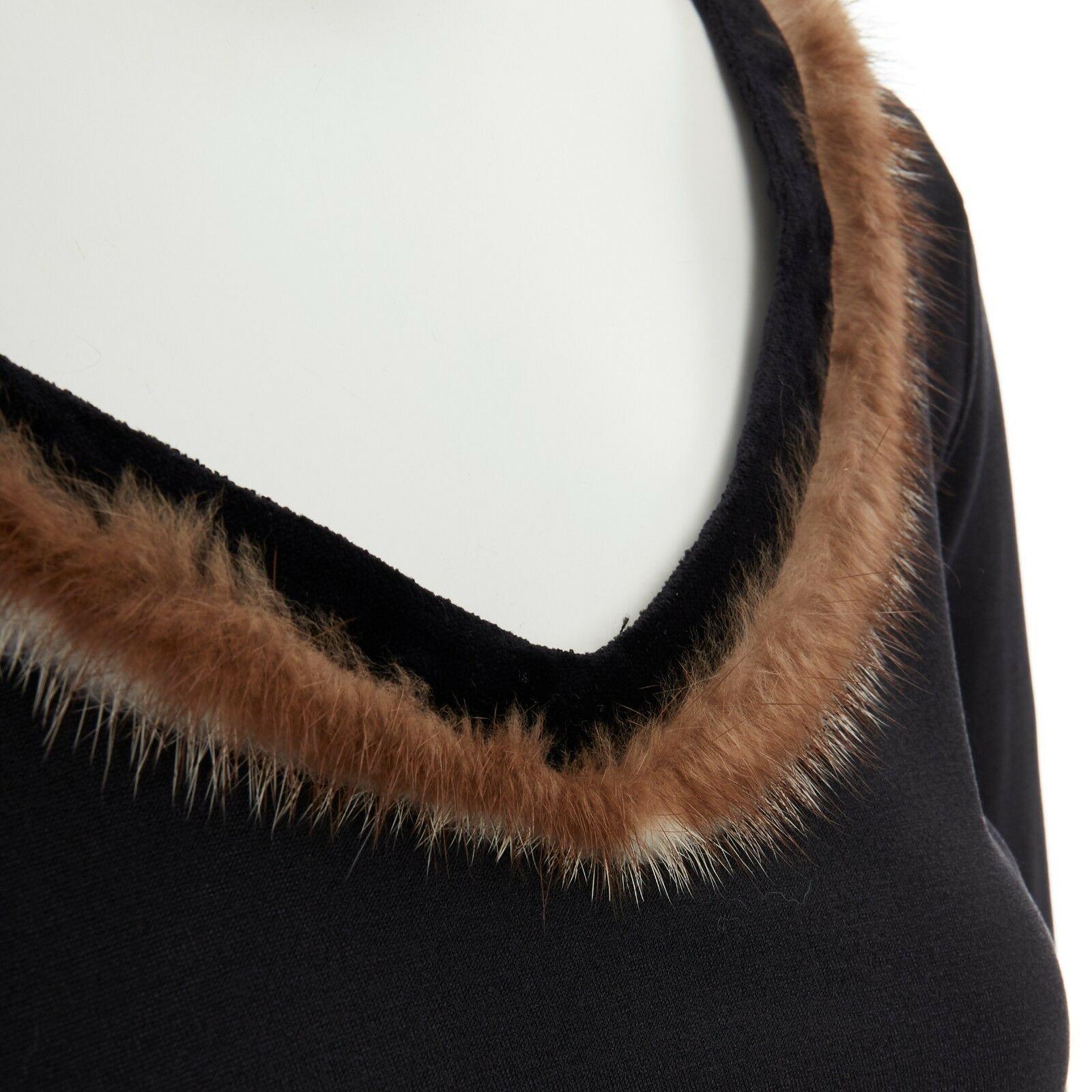 GIORGIO ARMANI velvet mink fur trim V-neck stretch silk-blend top IT40 US6 S M 1