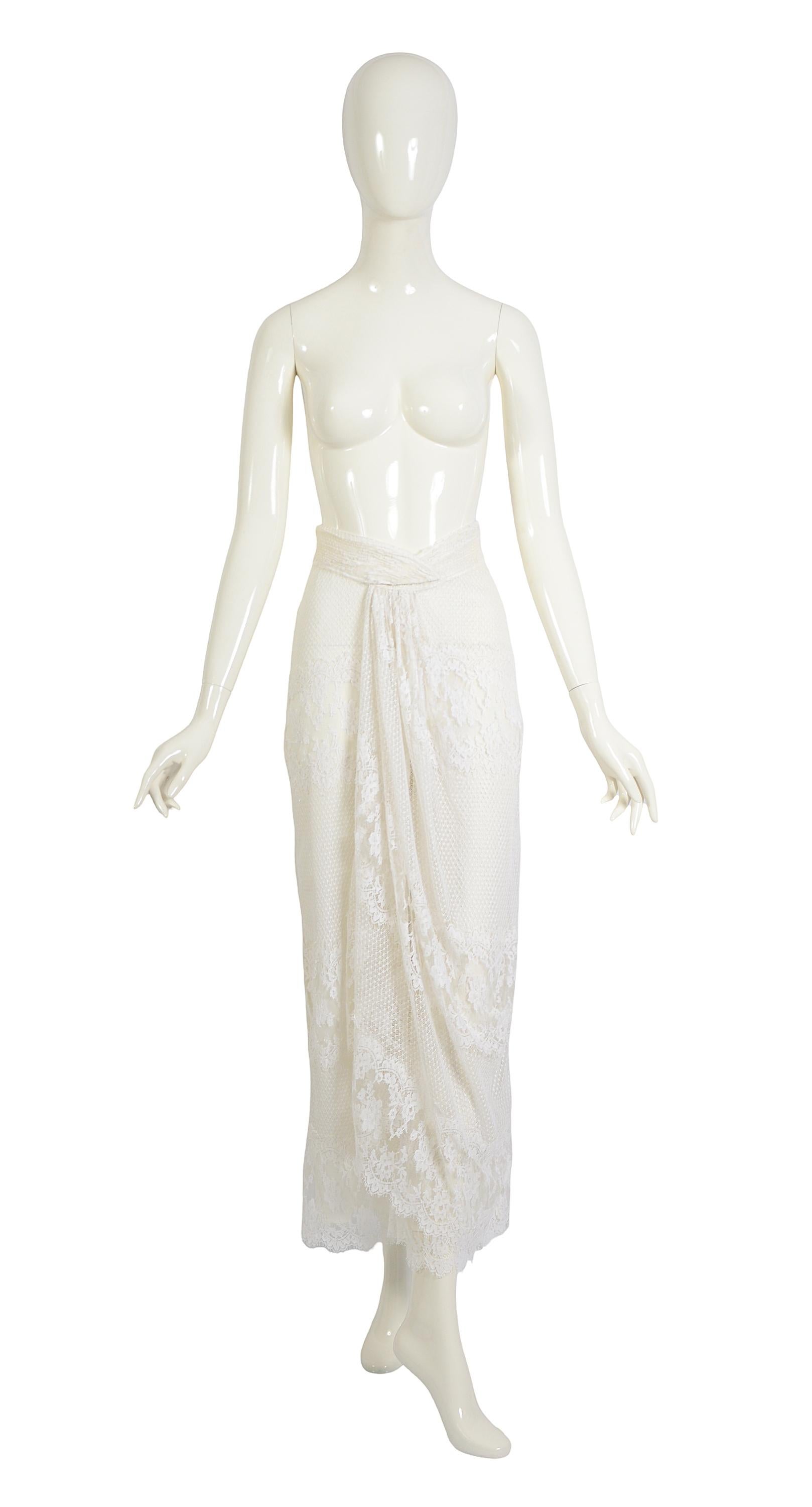 Gray Giorgio Armani Vintage 1980s Gathered White Cotton Lace Draped Skirt Pants For Sale