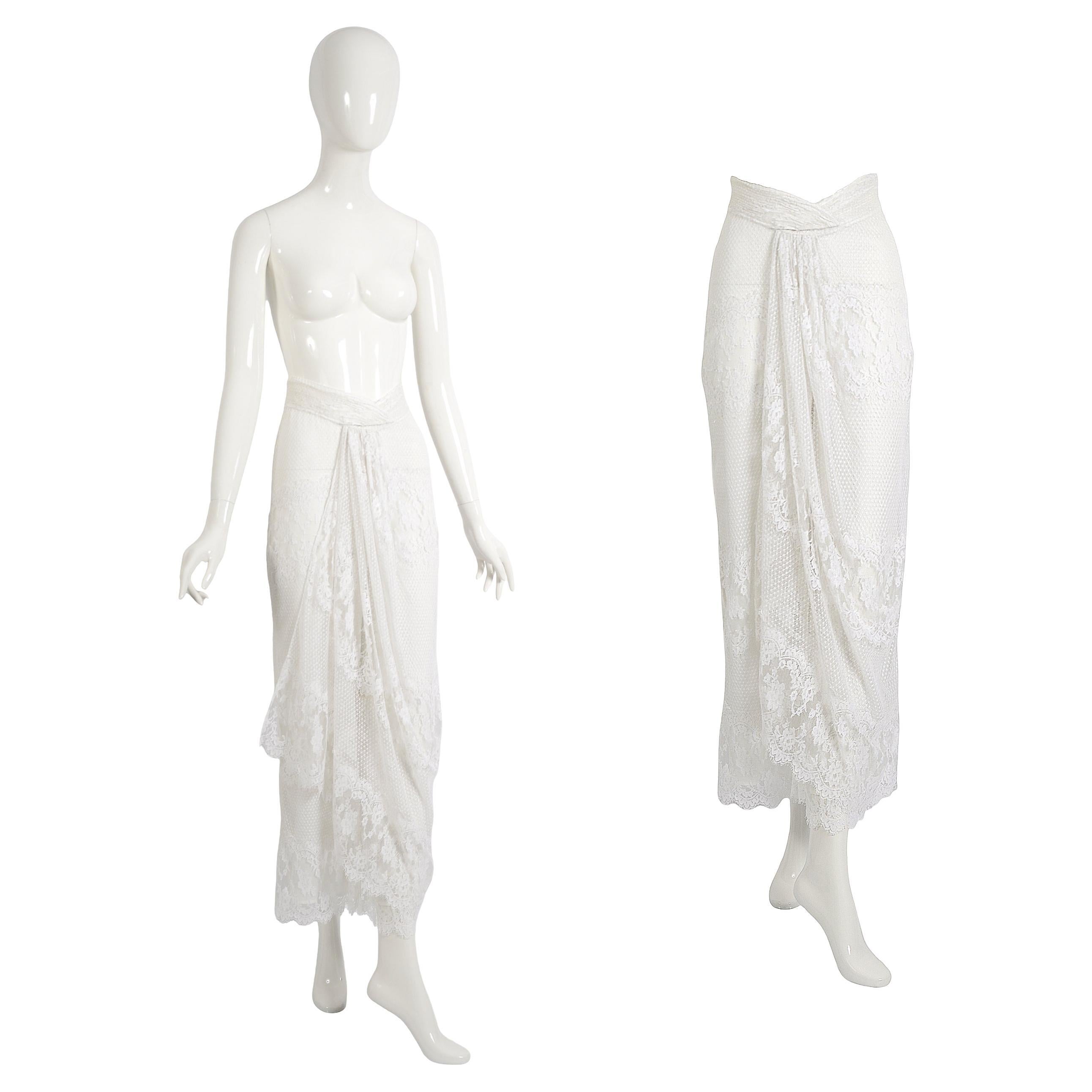Giorgio Armani Vintage 1980s Gathered White Cotton Lace Draped Skirt Pants For Sale