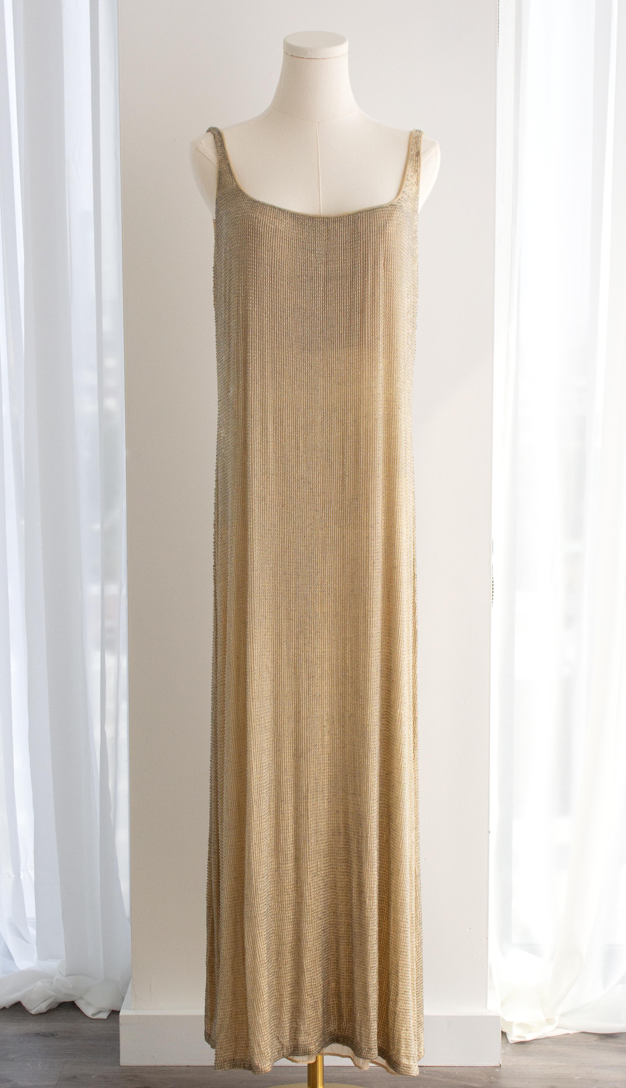 Giorgio Armani Vintage 1990s Beige Beaded Embellished Maxi Gown Dress In Good Condition In Jersey City, NJ