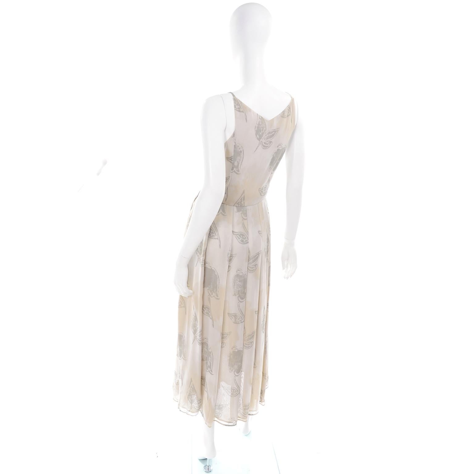 Beige Giorgio Armani Vintage 1990s Cream Khaki Sage Green Leaf Print Summer Dress For Sale