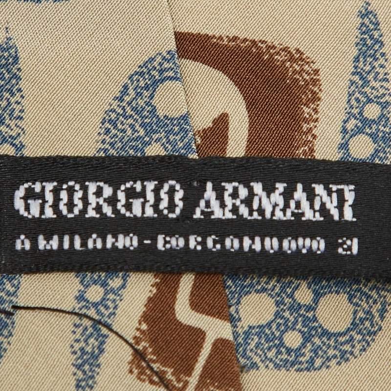 Giorgio Armani Vintage Khaki Printed Silk Tie In Good Condition For Sale In Dubai, Al Qouz 2
