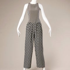 Giorgio Armani Vintage Navy + Beige Silk Striped Pants + Top 2-Piece Ensemble