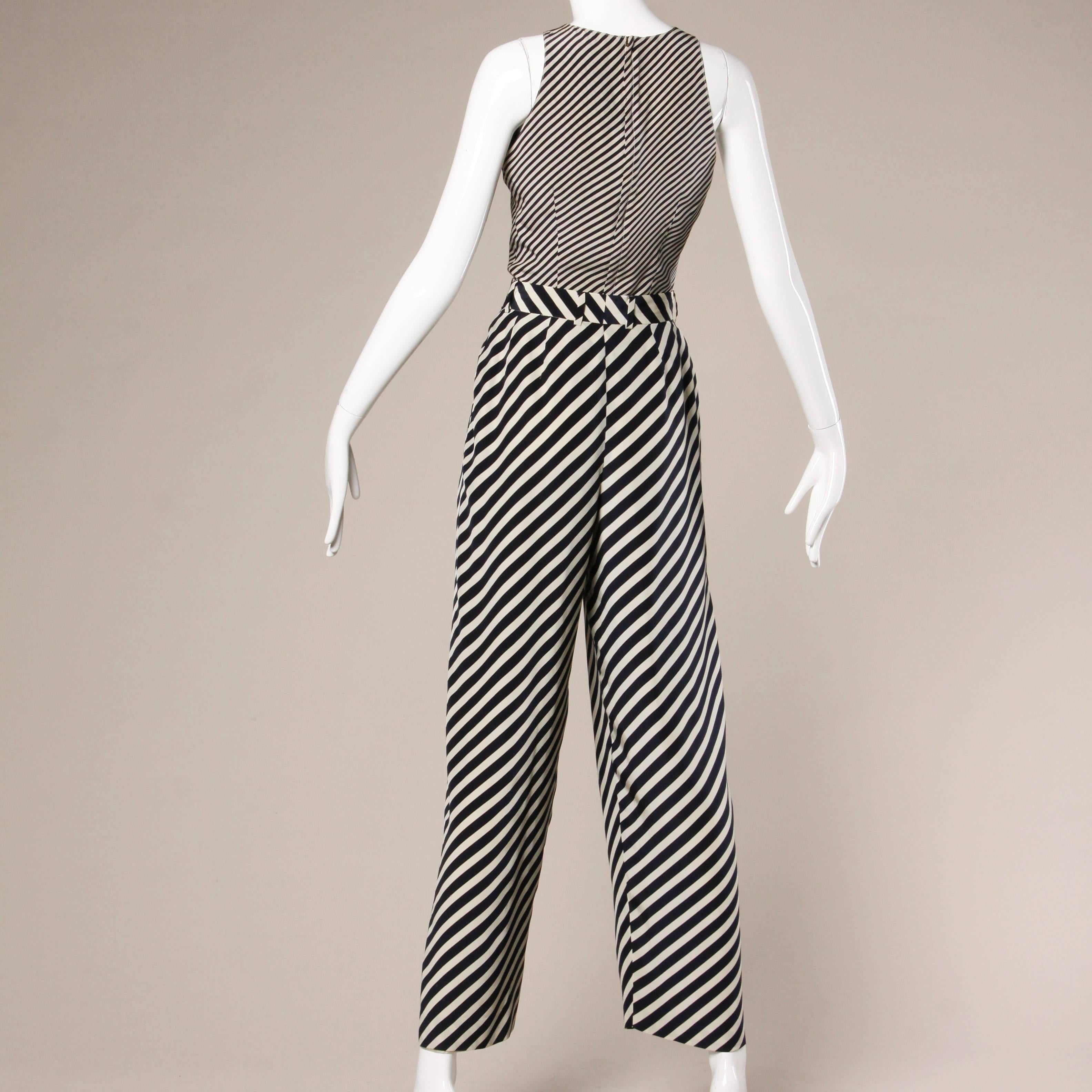 Giorgio Armani Vintage Navy + Beige Silk Striped Pants + Top 2-Piece Ensemble For Sale 1