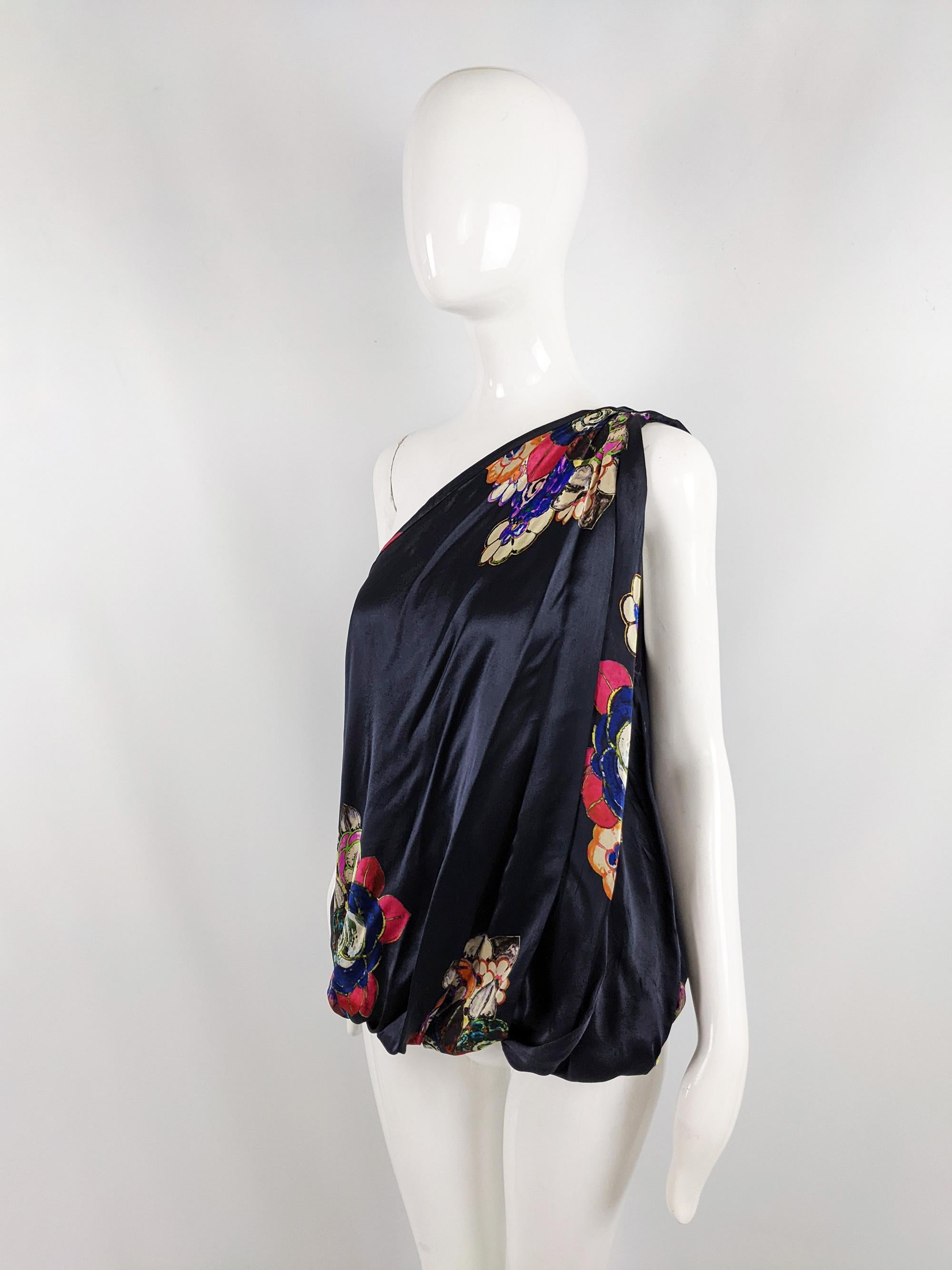 Black Giorgio Armani Vintage Navy Blue Silk Satin One Shoulder Evening Party Blouse For Sale