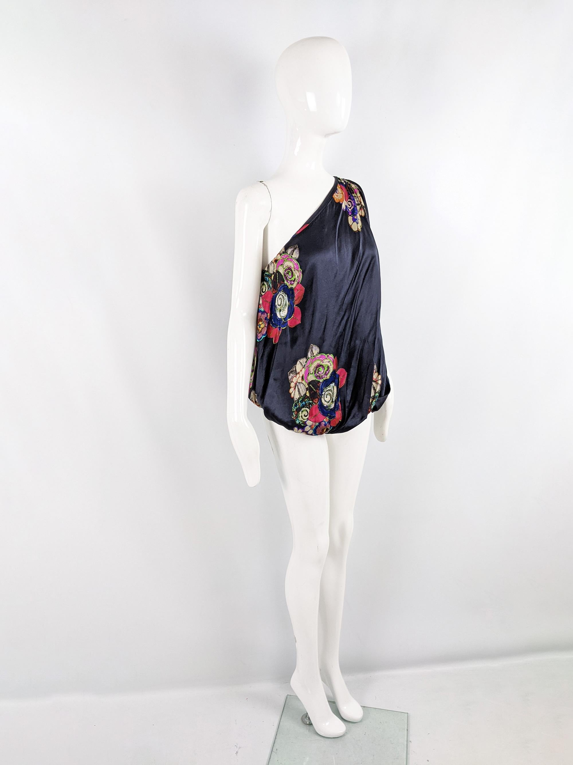 Women's Giorgio Armani Vintage Navy Blue Silk Satin One Shoulder Evening Party Blouse For Sale