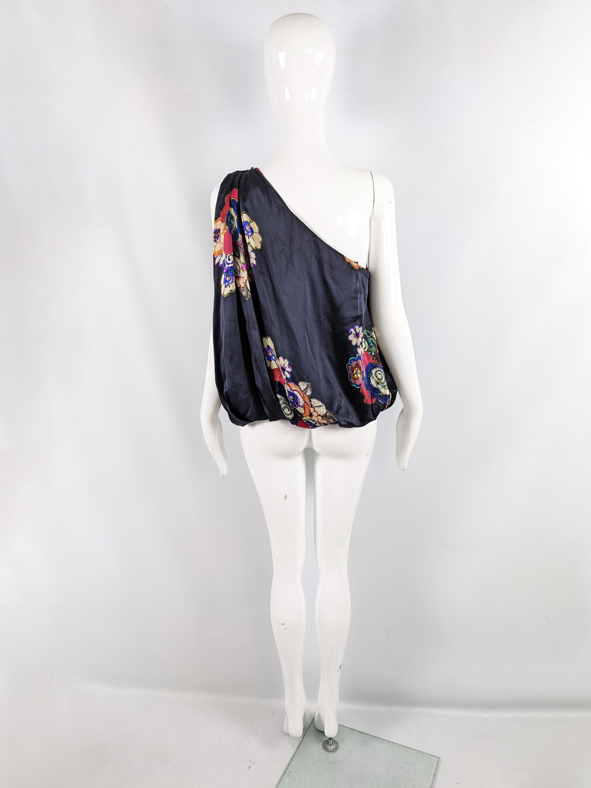 Giorgio Armani Vintage Navy Blue Silk Satin One Shoulder Evening Party Blouse For Sale 2