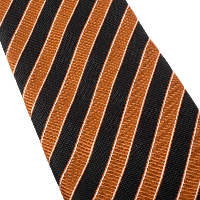 Men's Giorgio Armani Vintage Orange and Black Diagonal Striped Silk Jacquard Tie For Sale