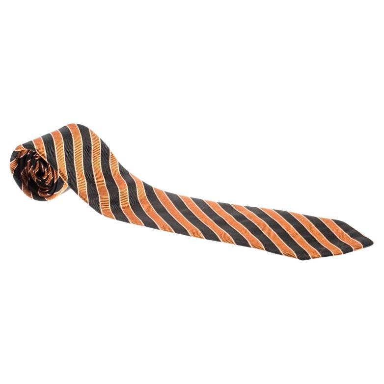 Giorgio Armani Vintage Orange and Black Diagonal Striped Silk Jacquard Tie