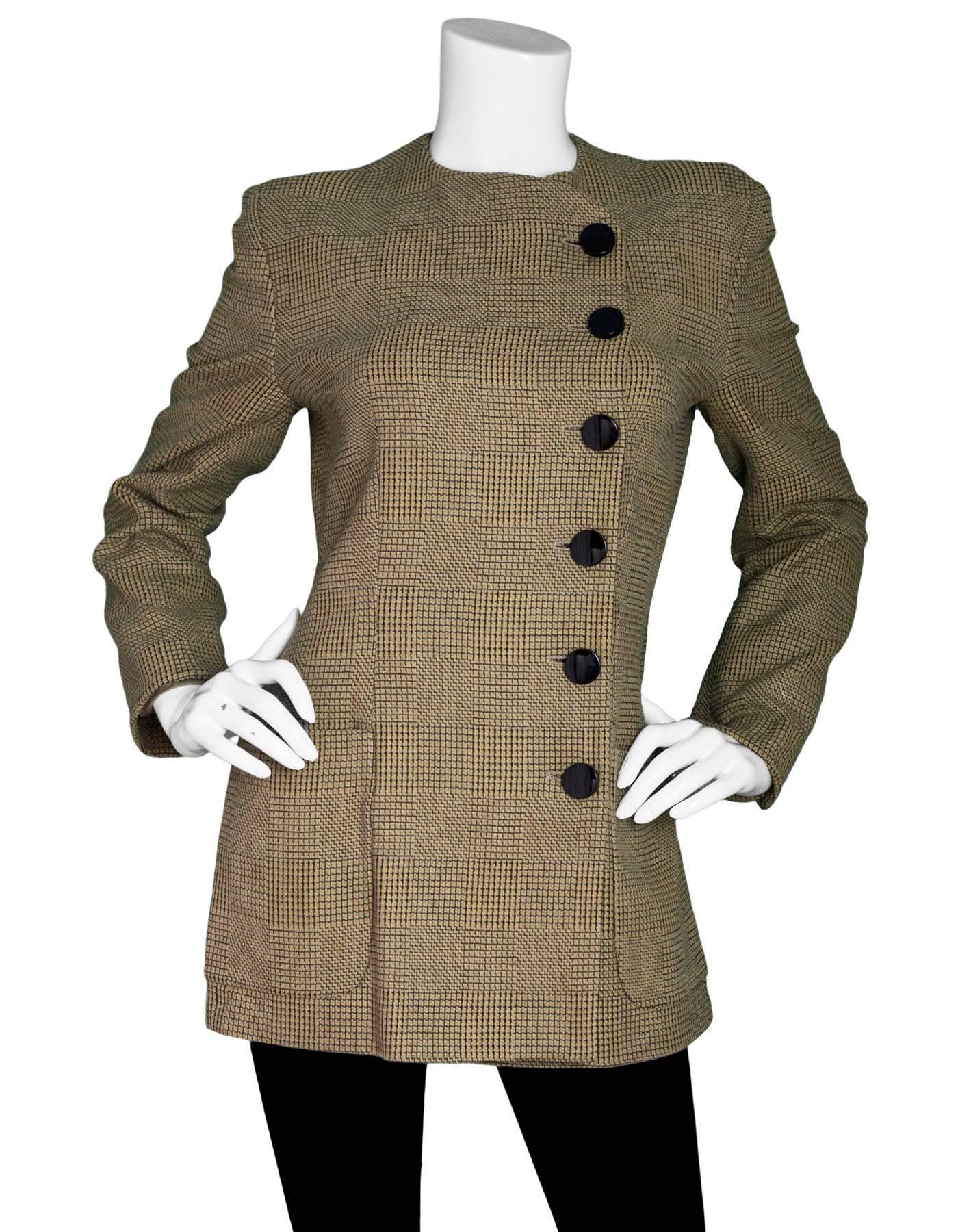 Giorgio Armani Vintage Plaid Asymmetrical Jacket Sz IT42

Made In: Italy
Color: Beige plaid
Composition: Not listed, feels like wool blend
Lining: Textile
Closure/Opening: Front button closure
Exterior Pockets: Hip patch pockets
Interior Pockets: