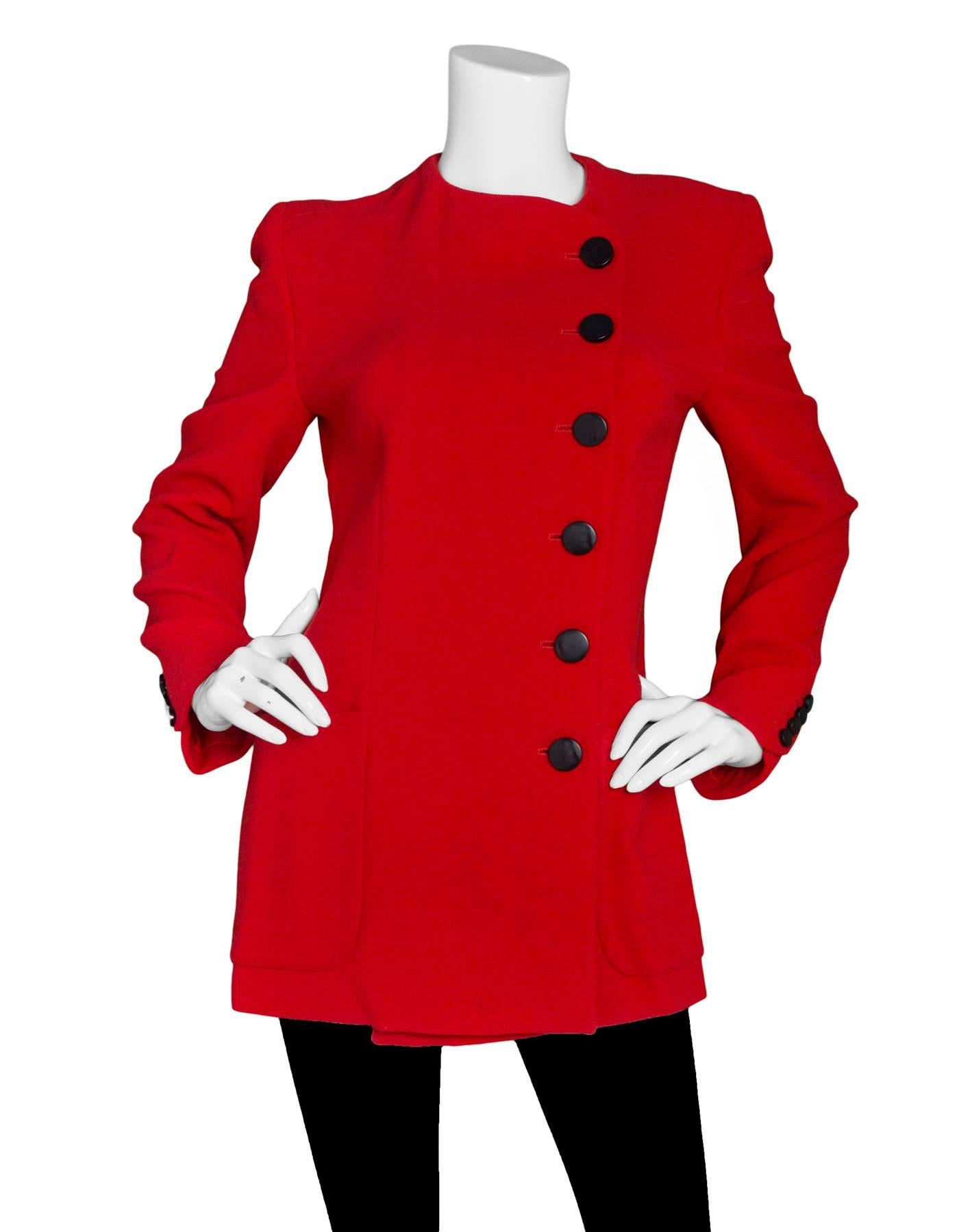 Giorgio Armani Vintage Red Asymmetrical Jacket Sz IT42

Made In: Italy
Color: Red
Composition: Not listed, feels like wool blend
Lining: Red textile
Closure/Opening: Front button closure
Exterior Pockets: Hip patch pockets
Interior Pockets:
