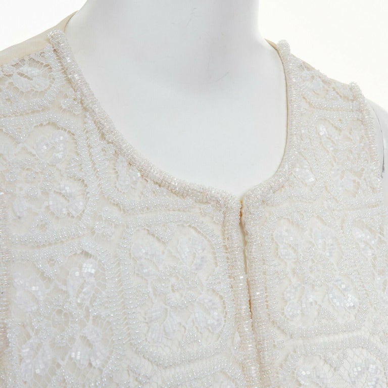 GIORGIO ARMANI white bead embellished lace front cream silk vest top ...