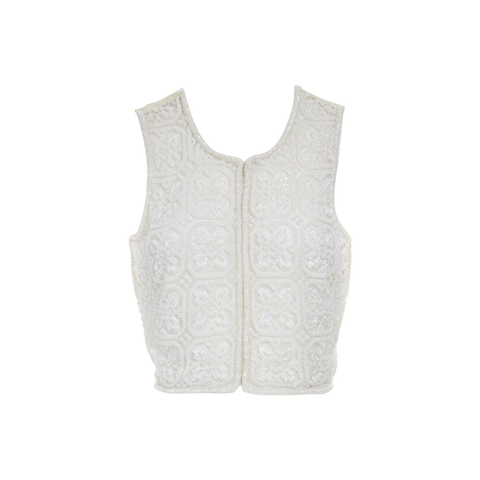 GIORGIO ARMANI white bead embellished lace front cream silk vest top IT40 S