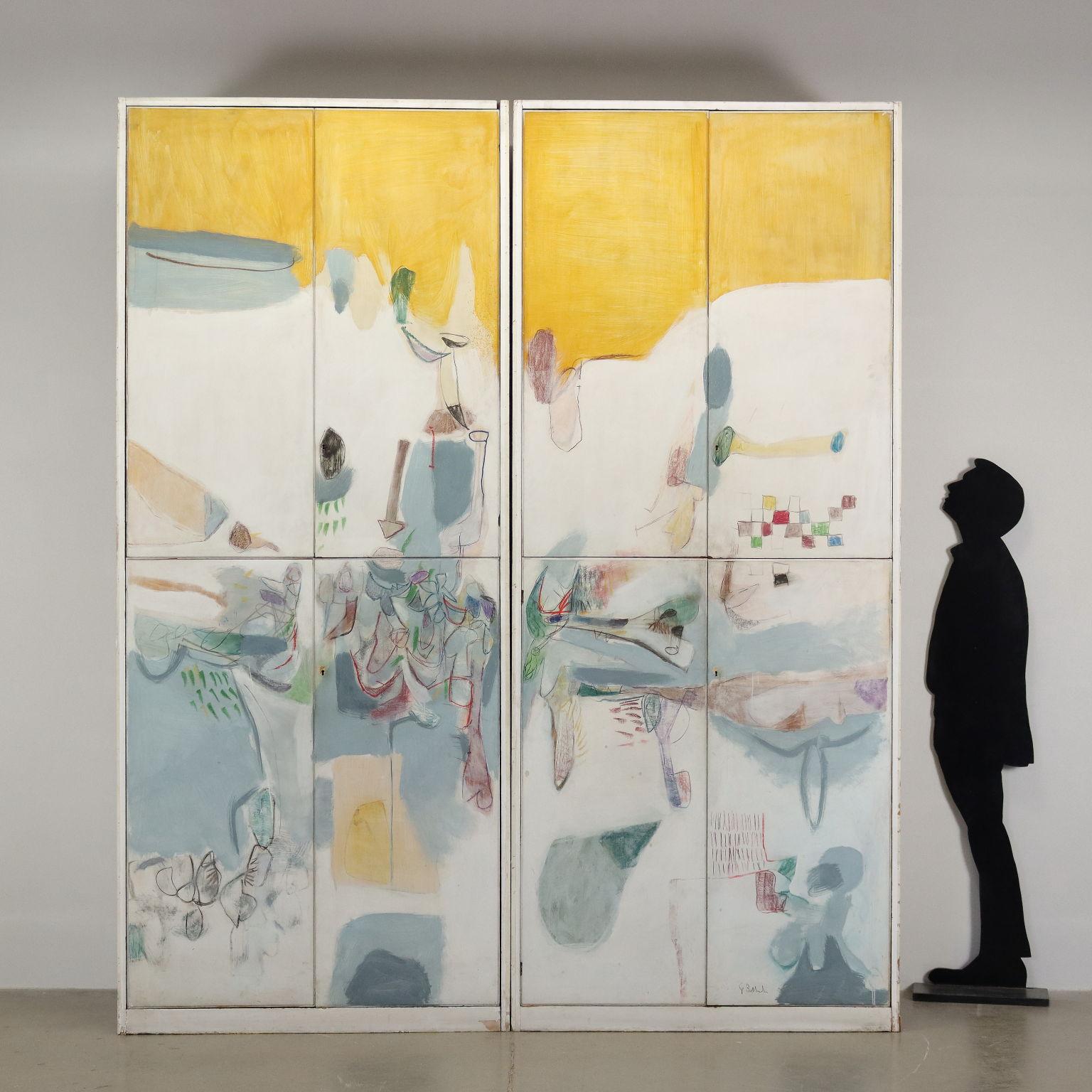 Painted decoration of wardrobe doors, Oil on Wooden Table Italy XX Century - Painting by Giorgio Bellandi