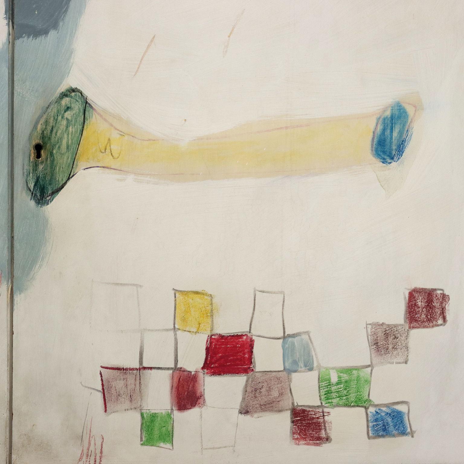 Painted decoration of wardrobe doors, Oil on Wooden Table Italy XX Century - Contemporary Painting by Giorgio Bellandi