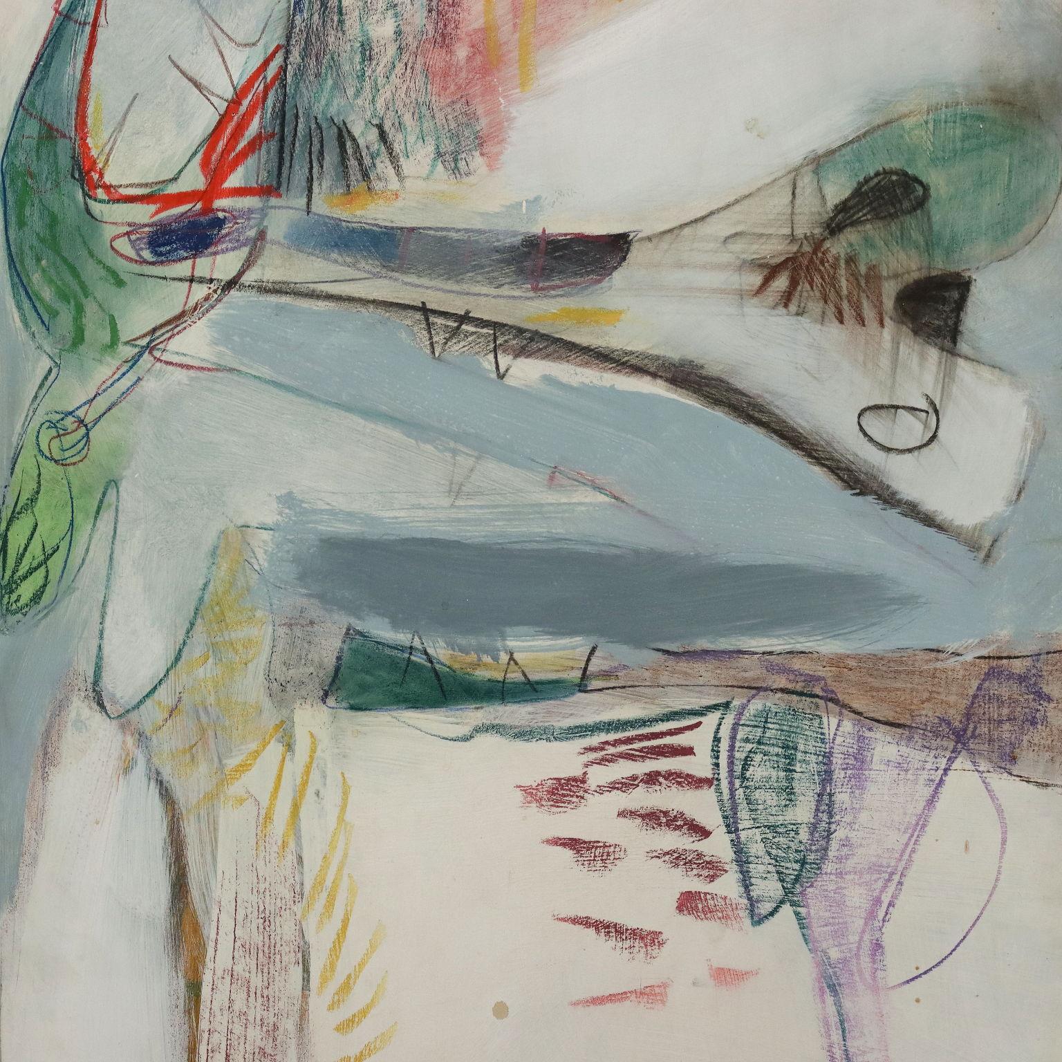 Painted decoration of wardrobe doors, Oil on Wooden Table Italy XX Century - Beige Abstract Painting by Giorgio Bellandi