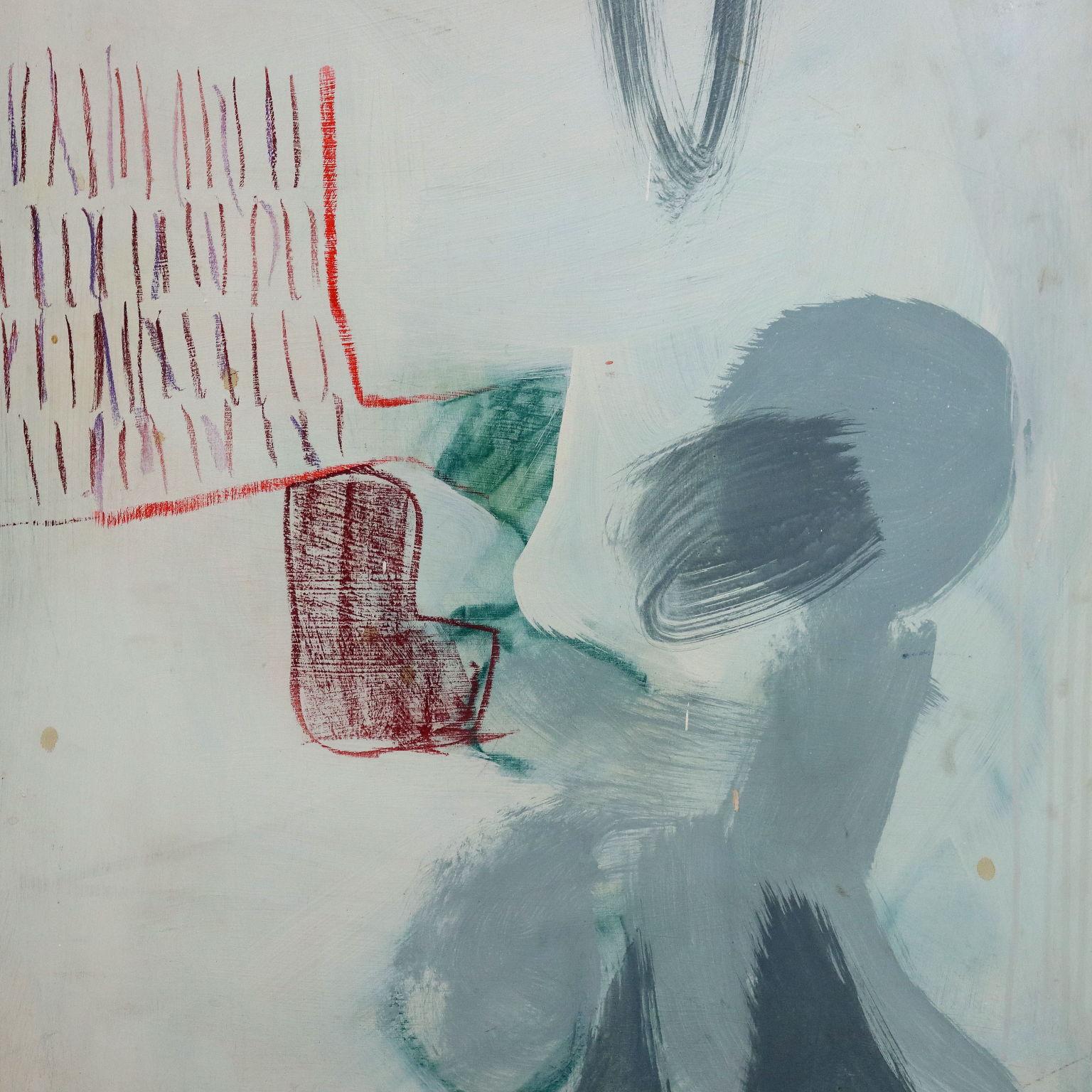 Oil on wooden table. Signed on the first lower right door. It is the pictorial decoration of the eight doors of a wardrobe, made to measure for the client's family, which make up a large abstract scene - almost a scenography! - in very delicate