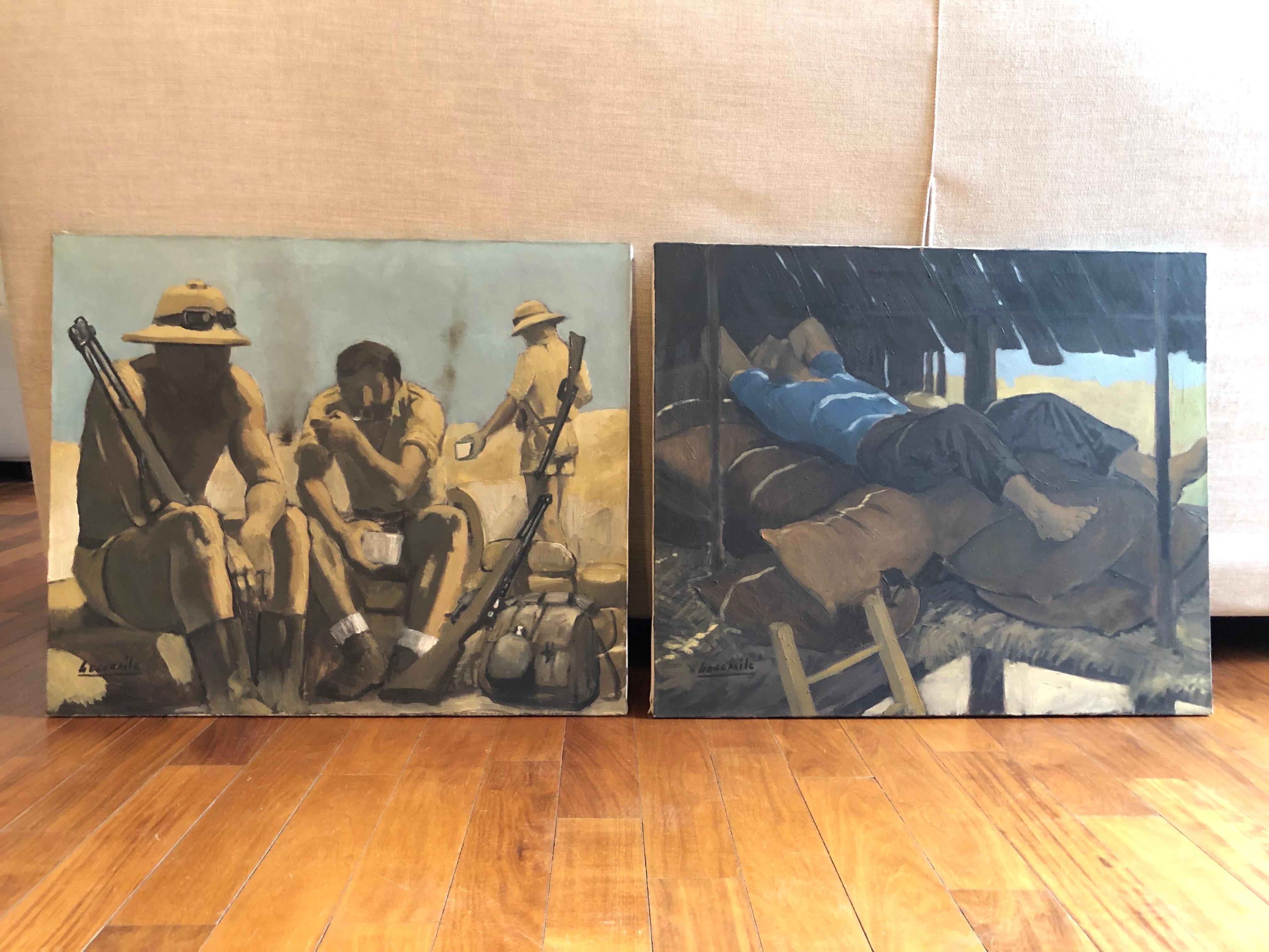 Soldati ed un Contadino Boccasile 1978 Set di Due Dipinti Figurativi Italiani - Painting by Giorgio Boccasile
