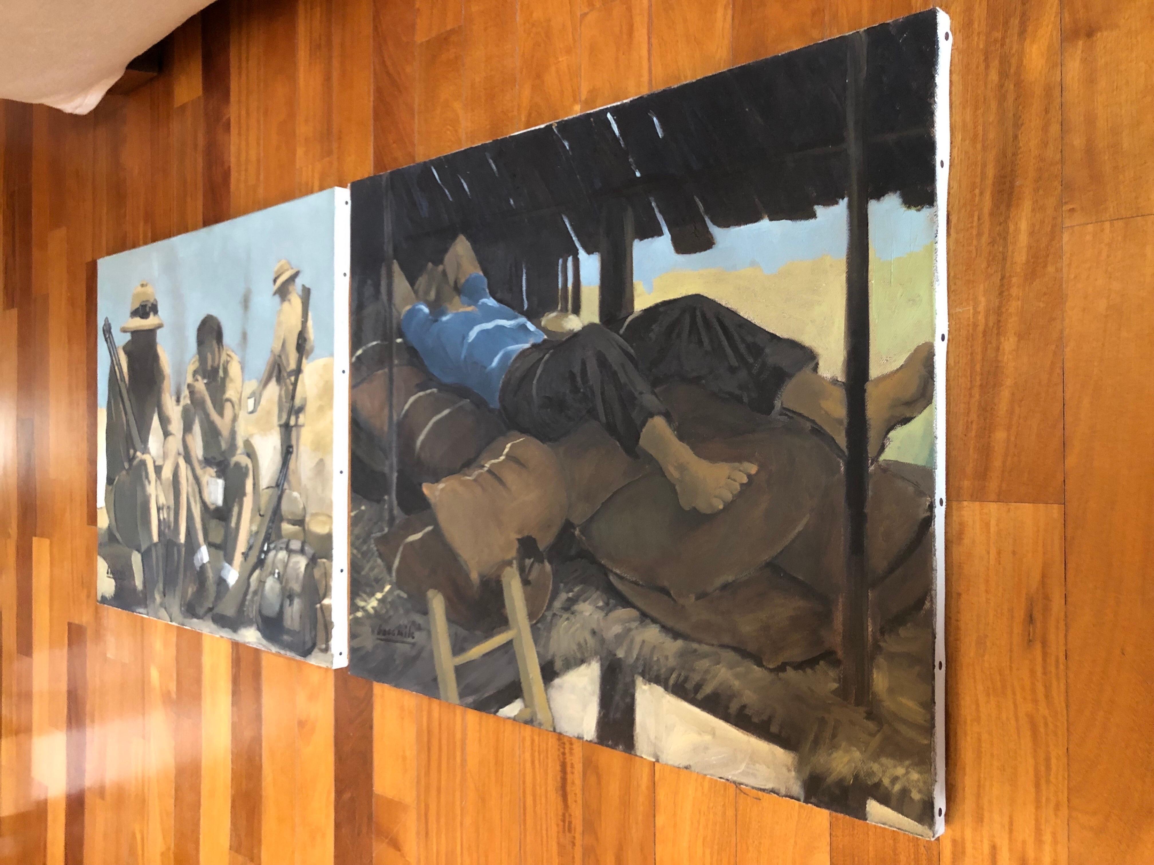 Soldati ed un Contadino Boccasile 1978 Set di Due Dipinti Figurativi Italiani - Brown Figurative Painting by Giorgio Boccasile