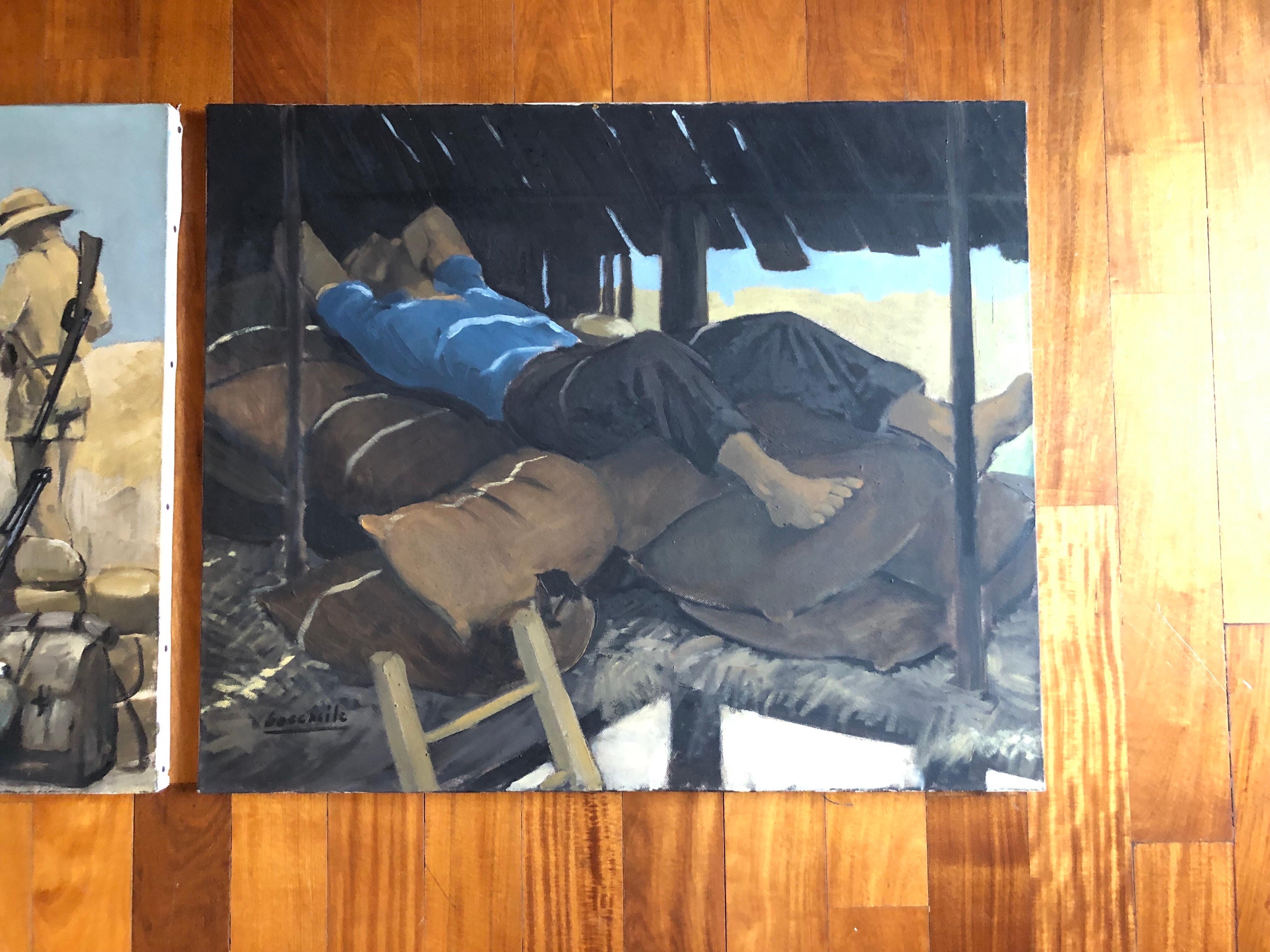 Soldati ed un Contadino Boccasile 1978 Set di Due Dipinti Figurativi Italiani For Sale 1